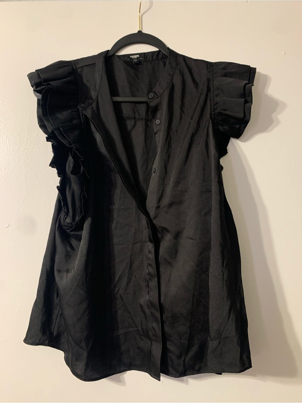 Black Button-Front Ruffle Sleeve Women's Top